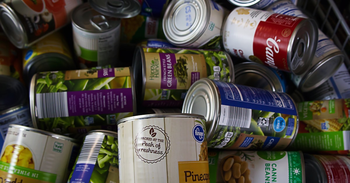 A pile of donated canned food destined for a Canadian food bank